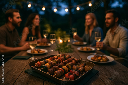 Twilight Garden Dinner with Friends and Colorful Vegetable Skewers