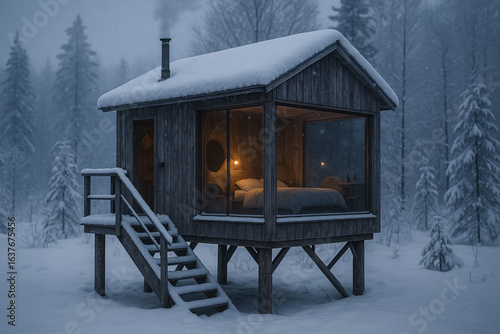 Cozy Winter Cabin Retreat in Snowy Forest with Warm Interior