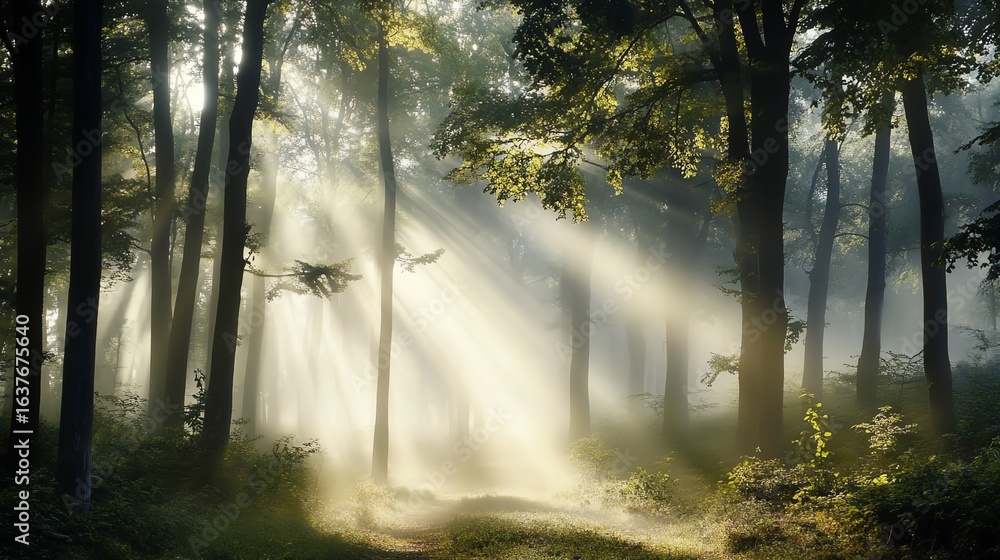 Fototapeta premium Sunlight filtering through forest trees.