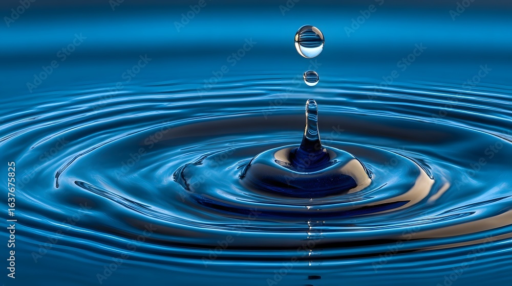 A drop of liquid creates ripples on a dark blue surface. A drop of liquid creates ripples on a dark blue surface.