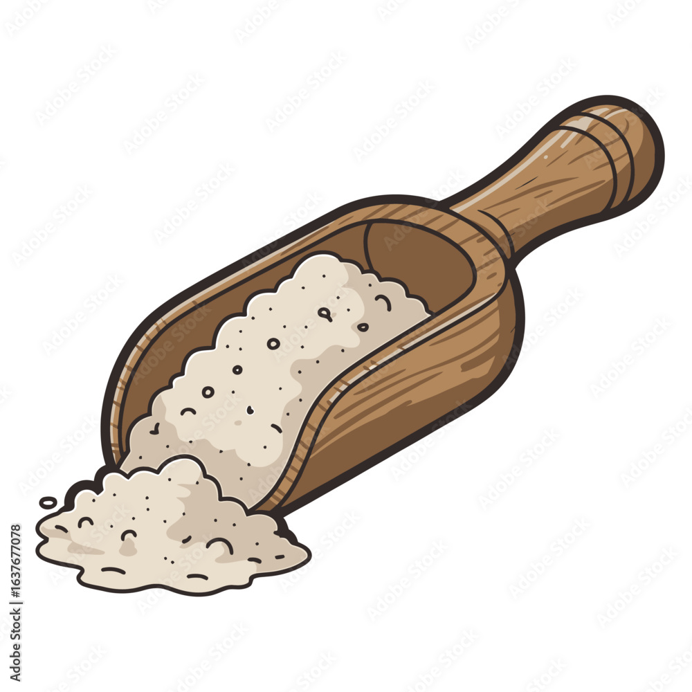 Wooden Scoop Filled with Salt Sugar Flour or Baking Ingredient on White Background Kitchen Tool Illustration Wooden Scoop Filled with Salt Sugar Flour or Baking Ingredient on White Background Kitchen Tool Illustration
