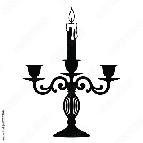 Elegant Black Candelabra with Burning Candle Silhouette Against White Backdrop Ideal for Design Elements Invitations and Decorations
