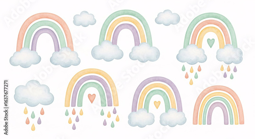 Watercolor Rainbow Clipart Set – Pastel Rainbows with Clouds, Hearts, and Raindrops, Boho Baby Shower and Nursery Decor
