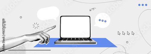 Trendy Halftone Collage Computer laptop with speech bubble messages and hand. Social media communication. Online chat or forum. Discussion and feedback. Contemporary vector illustration art