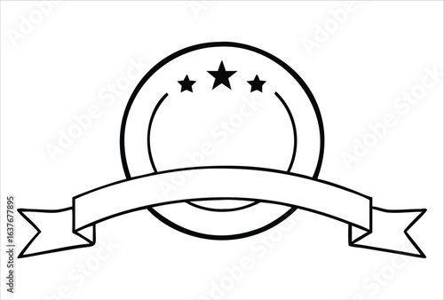 A simple black and white line drawing of a circular emblem with stars at the top and a banner across the bottom perfect for awards or recognition