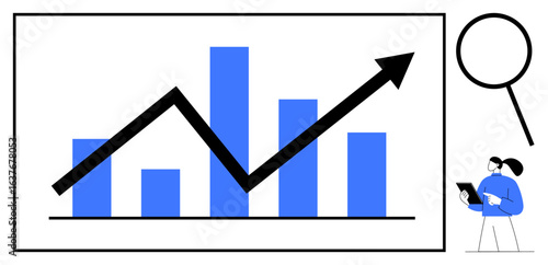Bar chart with upward arrow representing progress, magnifying glass for analysis, and a professional assessing data. Ideal for business, growth strategy, marketing, data analysis, finance, research