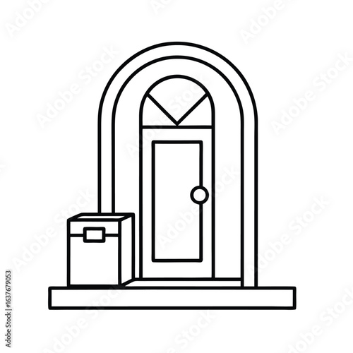 door delivery icon, outline vector of parcel arriving at doorstep for home delivery services, e-commerce platforms, and contactless logistics