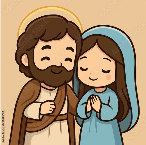 Joseph and Mary Jesus Christ parents chibi cute cartoon style