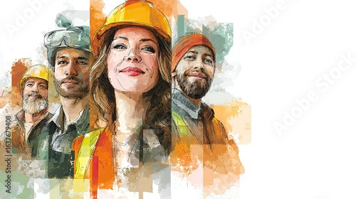 Watercolor banner of diverse smiling professionals, including construction worker and woman with safety helmet, vibrant brushstrokes and empty left space, Labor Day celebration
