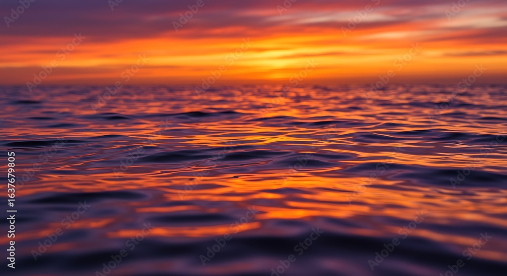 Fototapeta premium Vibrant sunset colors reflected on a calm ocean surface.