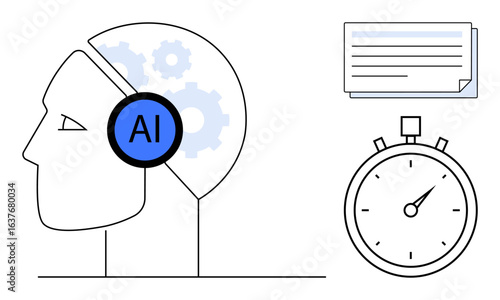 Human head with AI label and gears, stopwatch symbolizing time management, document for knowledge. Ideal for technology, automation, innovation, education, productivity, brainstorming research