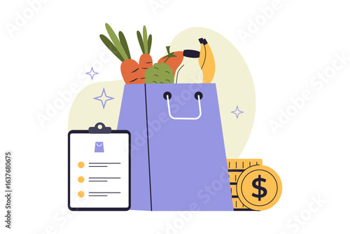 Grocery Shopping Bag and Budgeting Checklist Illustration. Vector Flat Illustration