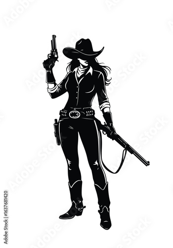 Cowgirl silhouettes silhouette of a tough cowgirl holding a revolver and rifle, isolated on white background