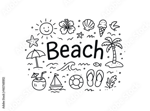 Cute doodle style illustration with large central word Beach