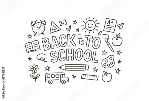 Cute doodle style illustration with large central word BACK TO SCHOOL