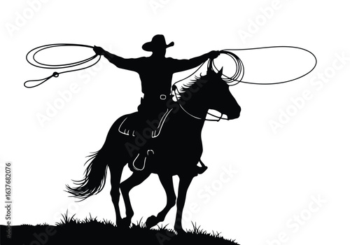 Cowboy silhouettes silhouette of a cowboy on a horse, swinging a lasso, ready for a rodeo