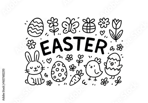 Cute doodle style illustration with large central word EASTER