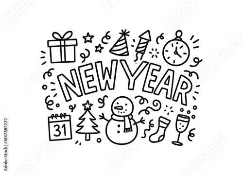 Cute doodle style illustration with large central word NEW YEAR