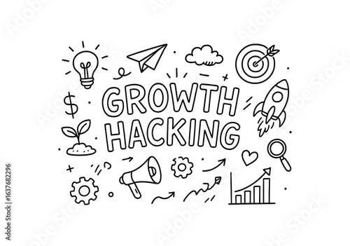 Cute doodle style illustration with large central word GROWTH HACKING