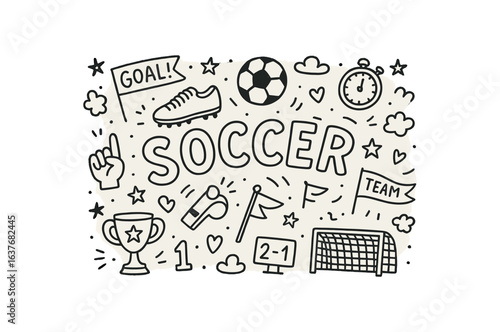 Cute doodle style illustration with large central word SOCCER