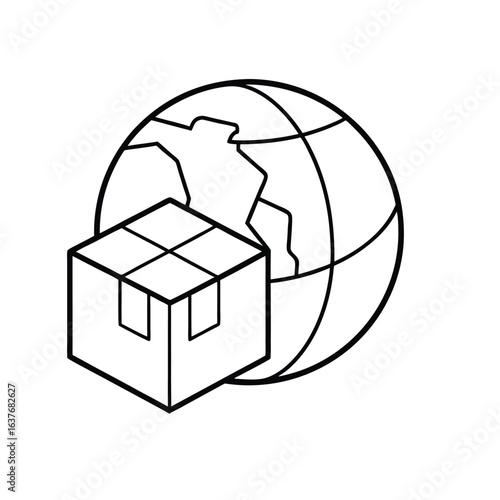 global package icon, outline vector of parcel with globe symbol for international shipping, worldwide logistics, and global e-commerce platforms