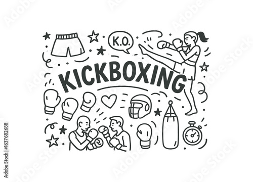 Cute doodle style illustration with large central word KICKBOXING