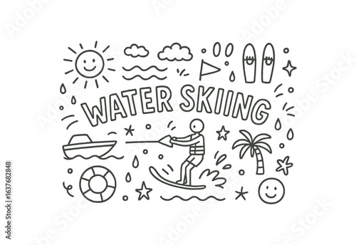 Cute doodle style illustration with large central word WATER SKIING