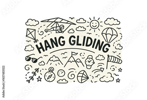 Cute doodle style illustration with large central word HANG GLIDING
