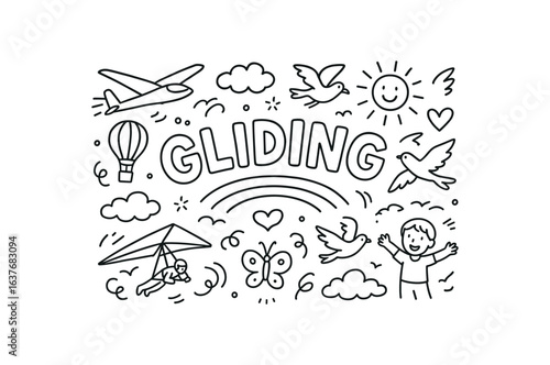Cute doodle style illustration with large central word GLIDING
