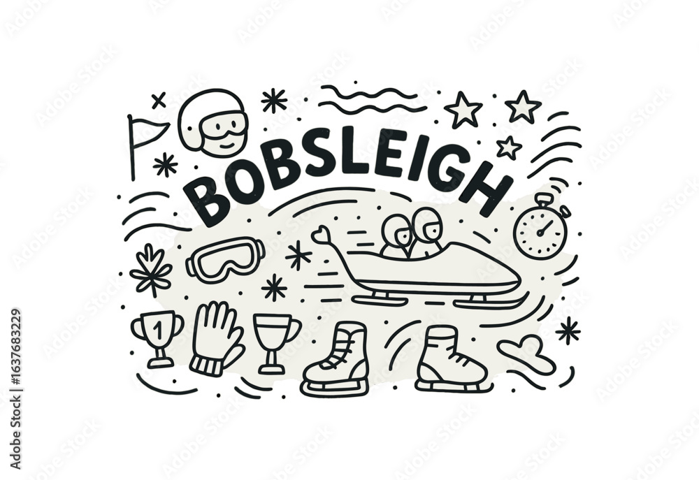 Obraz premium Cute doodle style illustration with large central word BOBSLEIGH