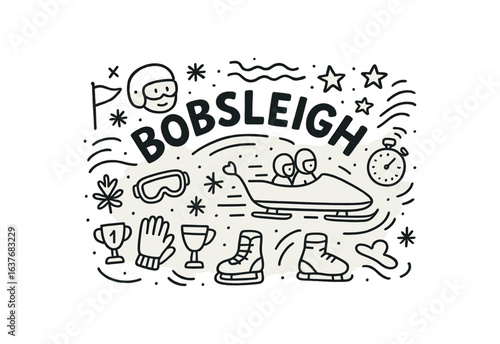 Cute doodle style illustration with large central word BOBSLEIGH