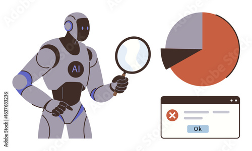 AI robot analyzing data with a magnifying glass, observing a pie chart and error message. Ideal for technology, machine learning, big data, analytics, problem-solving, automation research. Simple