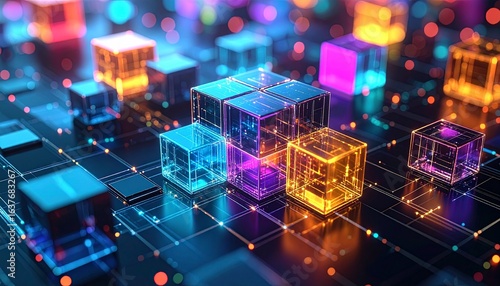 Connected digital cubes, intricate network, futuristic technology concept, Generated with AI.Doctor Holding Holographic Lungs in Clinic Setting