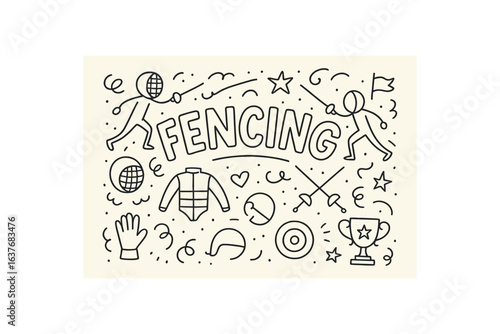 Cute doodle style illustration with large central word FENCING