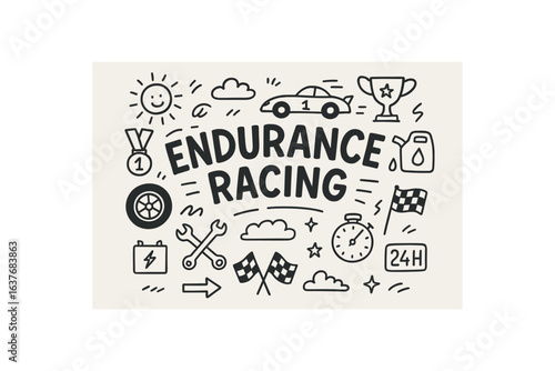 Cute doodle style illustration with large central word ENDURANCE RACING