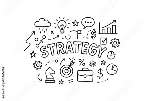 Cute doodle style illustration with large central word STRATEGY