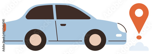 Blue car parked beside an orange location pin, representing navigation, tourism, logistics, and transport. Ideal for travel, mapping, ridesharing, delivery urban mobility simple flat metaphor