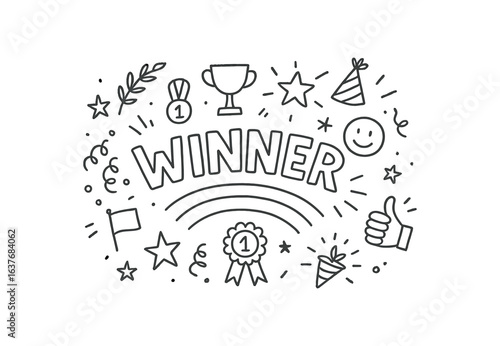 Cute doodle style illustration with large central word WINNER