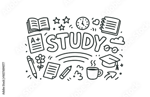 Cute doodle style illustration with large central word STUDY