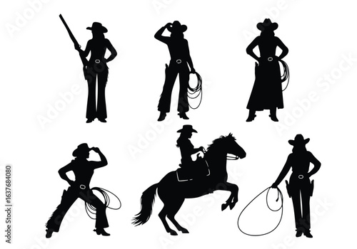Cowboy and cowgirl silhouettes collection of cowgirl silhouettes isolated on white background, showcasing various western activities and poses with horses and lassos