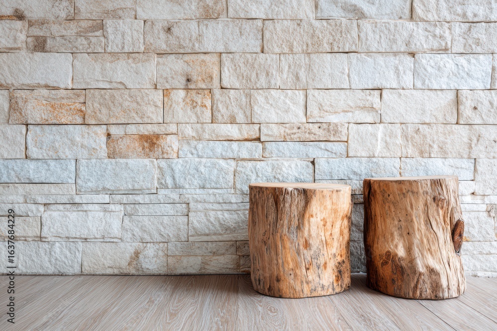 Fototapeta premium Wooden stumps floor with stone wall