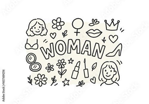 Cute doodle style illustration with large central word WOMAN