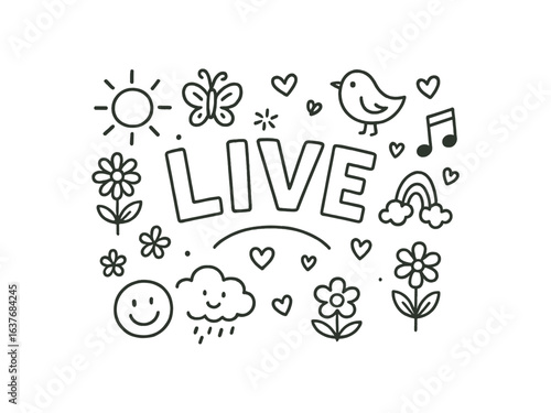 Cute doodle style illustration with large central word LIVE