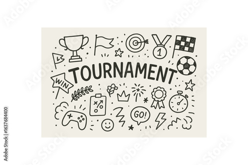 Cute doodle style illustration with large central word TOURNAMENT