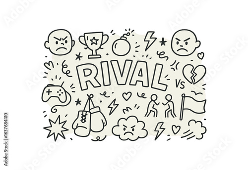 Cute doodle style illustration with large central word RIVAL
