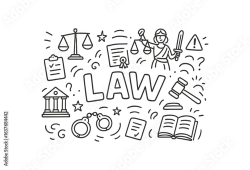 Cute doodle style illustration with large central word LAW