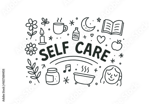 Cute doodle style illustration with large central word SELF CARE