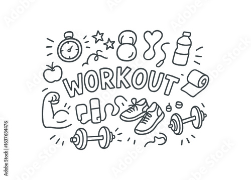 Cute doodle style illustration with large central word WORKOUT