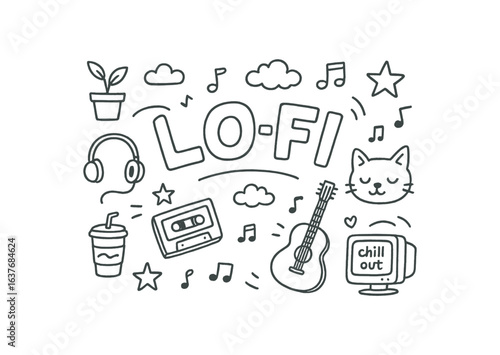 Cute doodle style illustration with large central word LO FI