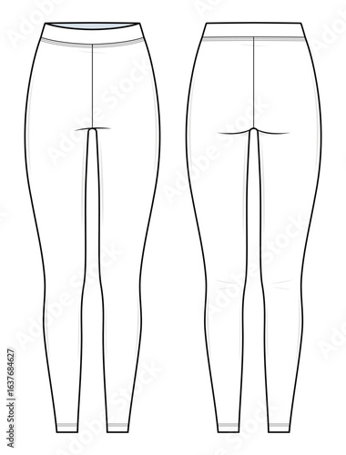 Basic High-Waisted Leggings Technical Fashion Illustration. Women’s Full-Length Leggings Vector Template. Front and Back View. Comfortable Fit. Casual Streetwear. White Color. Blank CAD Mockup.